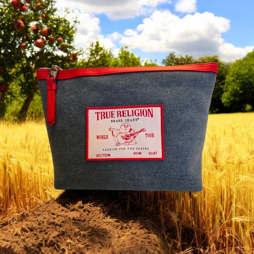 NEW True Religion Denim and Red Cosmetic Clutch  Bag 12"X8" NWT